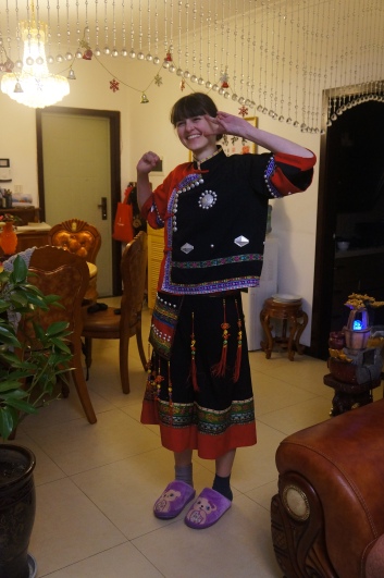 Double cultural appropriation, apparently: throwback to when my Han/Kejia host family made me wear garments from another ethnic group. Yep, those were my slippers.
